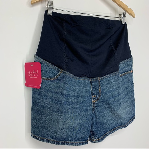 Isabel Maternity Cross Over Panel Jean Midi Shorts Med Blue New Nwt Size 8 - Picture 3 of 16